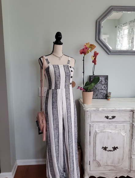 More comingπ₯π₯! Linen Blend Gray Striped Jumpsuit - Picture 2 of 4